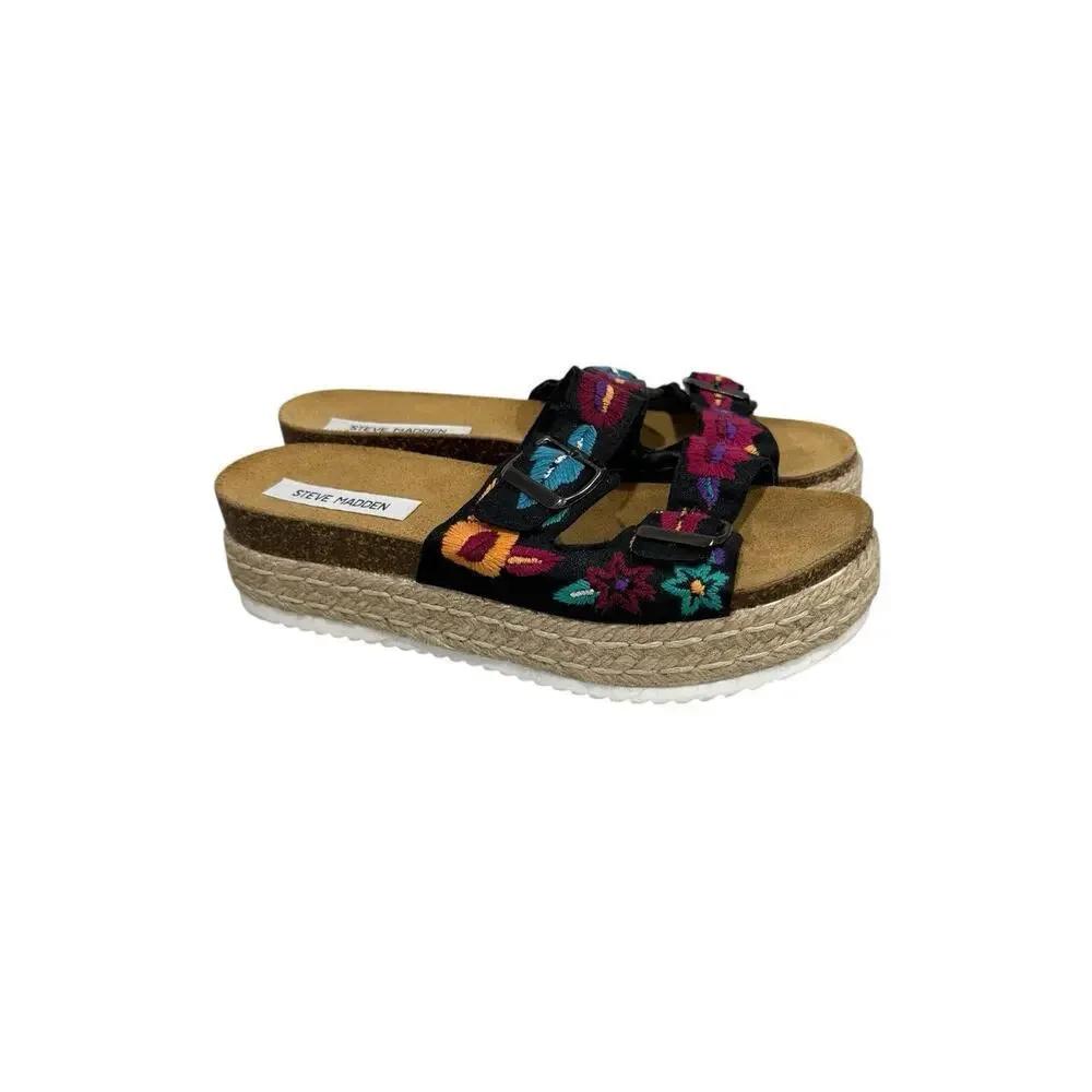 Steve‎ Madden Platform Two Strap Floral Embroidered Sandals Womens 10